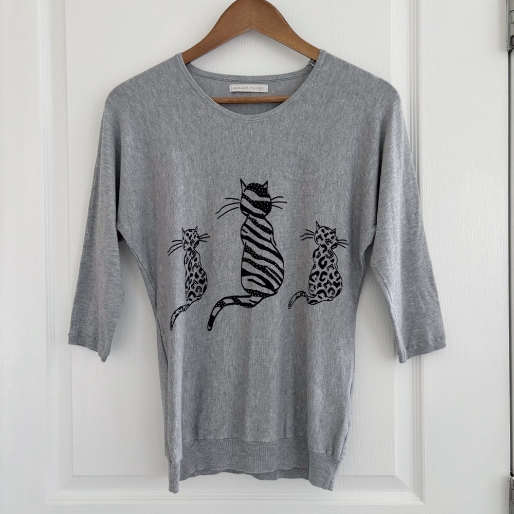 Armand Thiery Grey Cat Print Lightweight Sweater Small